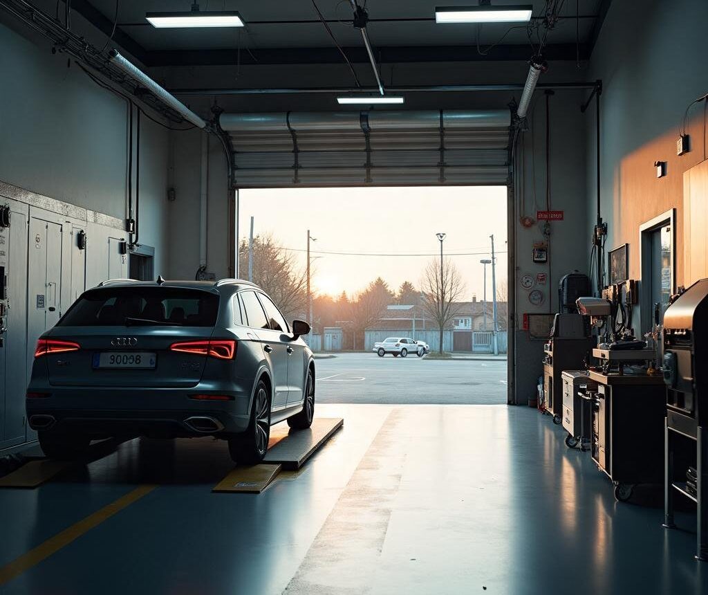 Čistá dielňa autoservisu s otvorenou bránou