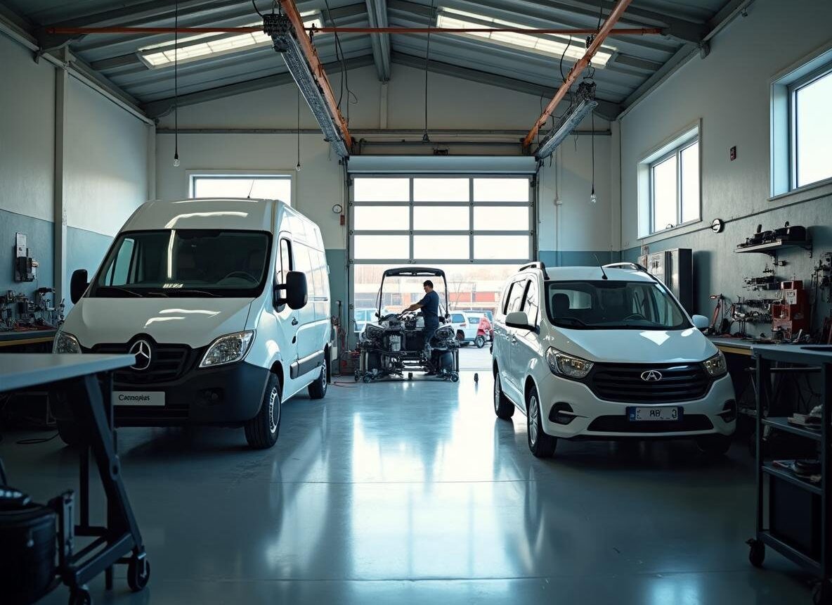 Dielňa autoservisu s osobným autom a dodávkou