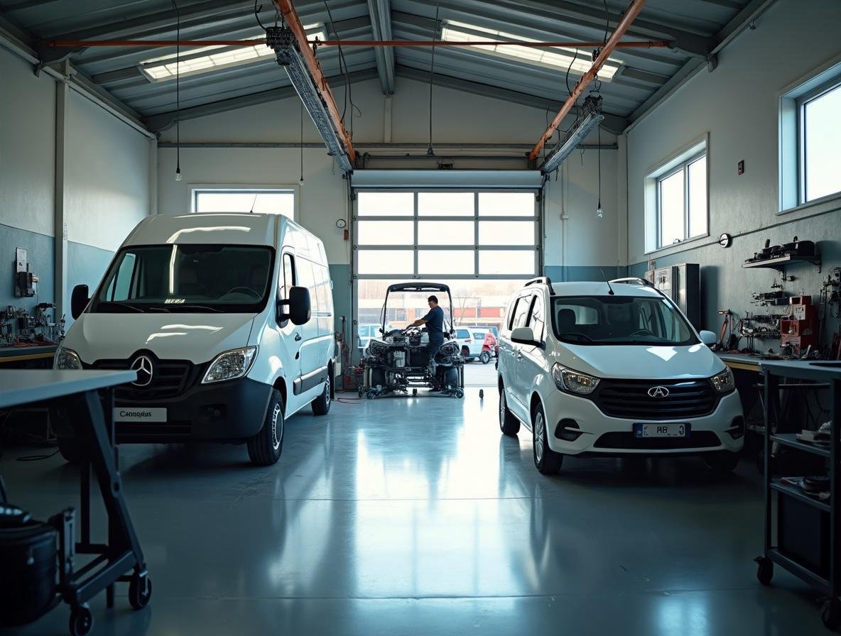 Dielňa autoservisu s osobným autom a dodávkou