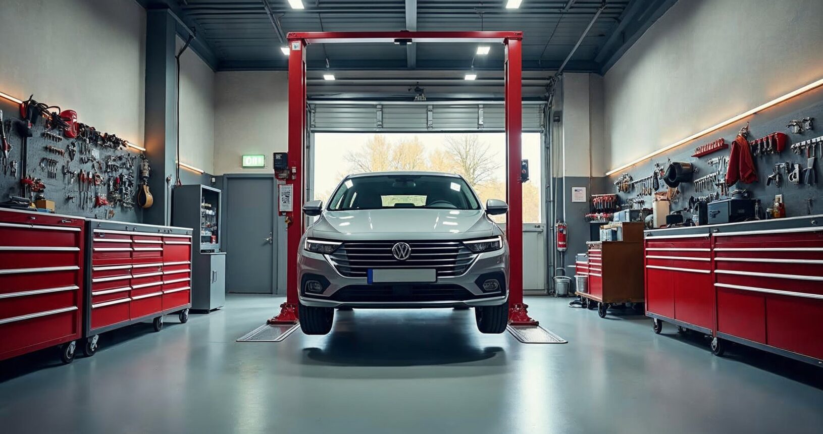 Osobné auto na zdviháku v čistej dielni autoservisu vo Zvolene