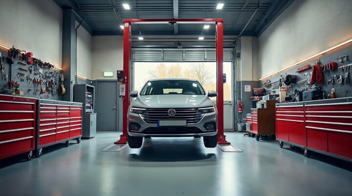 Osobné auto na zdviháku v čistej dielni autoservisu vo Zvolene